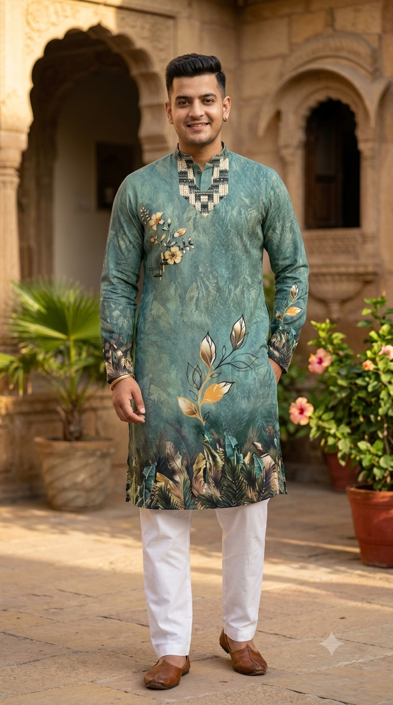 Kurta Fabric ManTire Designer PV Printed Colour Medium Green