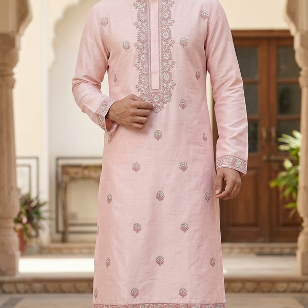 Kurta Pajma Fabric ManTire Designer Silk Embroidery Colour Blush Pink