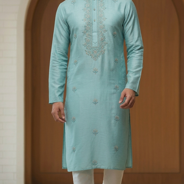 Kurta Pajama Fabric ManTire Designer Silk Embroidery Colour Firozi Blue