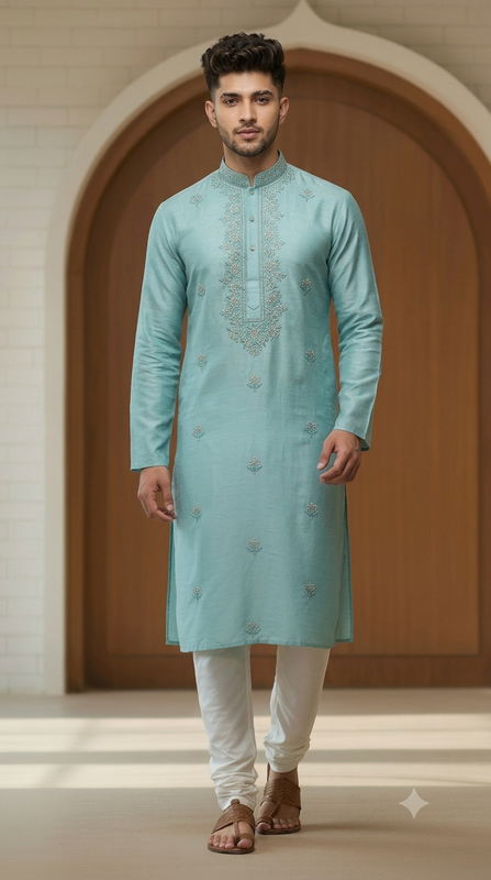 Kurta Pajama Fabric ManTire Designer Silk Embroidery Colour Firozi Blue