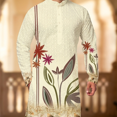 Kurta Fabric ManTire Designer PV Printed Colour Cream