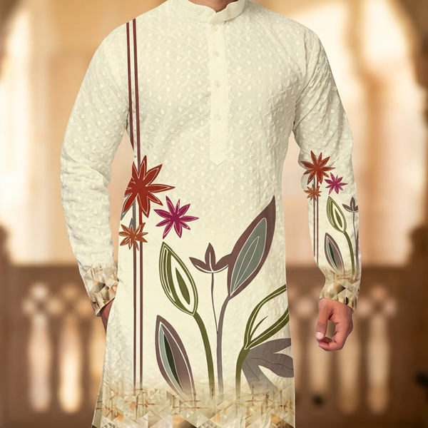 Kurta Fabric ManTire Designer PV Printed Colour Cream