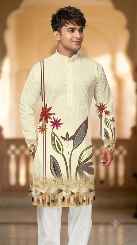 Kurta Fabric ManTire Designer PV Printed Colour Cream