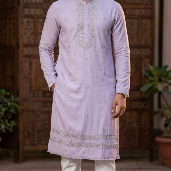 Kurta Pajama Fabric ManTire Designer Silk Embroidery Colour Lavender