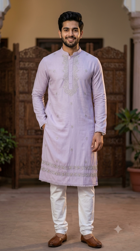 Kurta Pajama Fabric ManTire Designer Silk Embroidery Colour Lavender