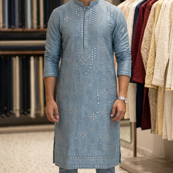 Kurta Pajama Fabric ManTire Designer Silk Embroidery Colour Light Glaucous Blue