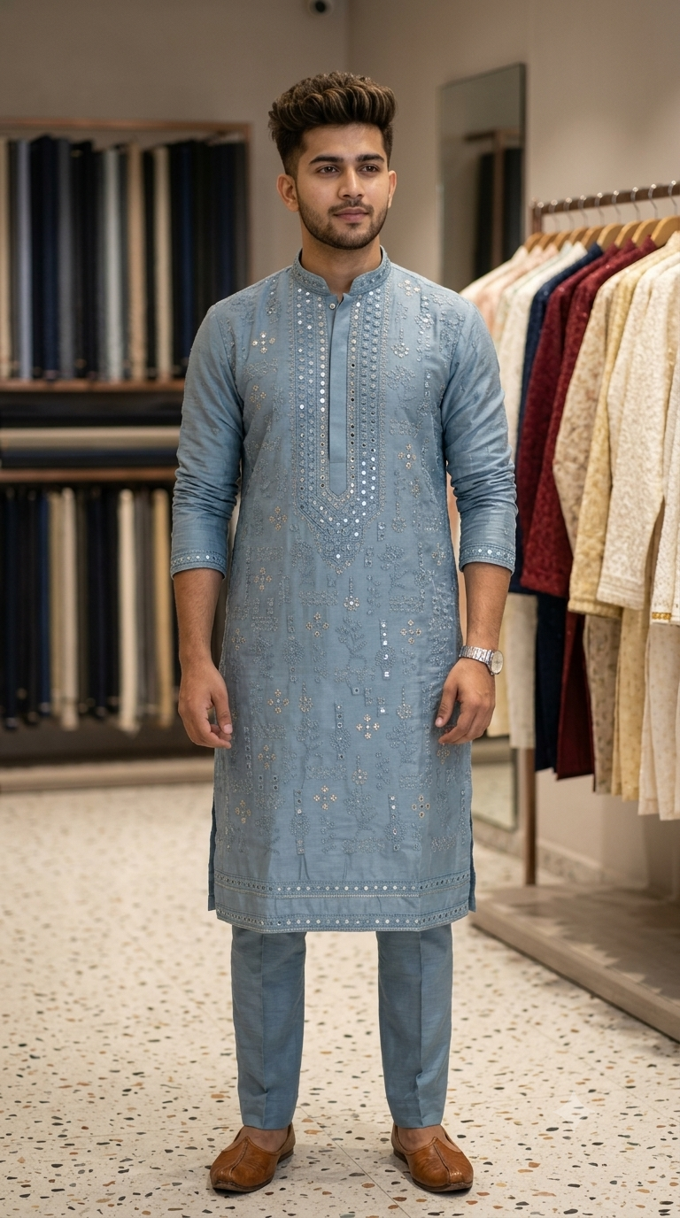 Kurta Pajama Fabric ManTire Designer Silk Embroidery Colour Light Glaucous Blue