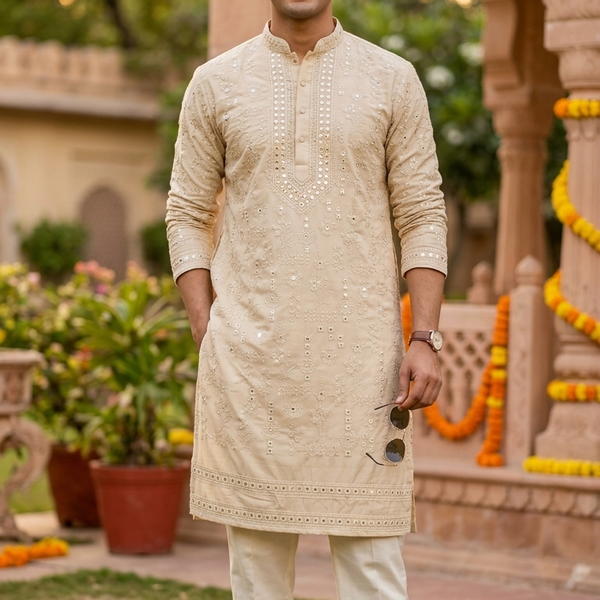 Kurta Pajama Fabric ManTire Designer Silk Embroidery Colour Biscuit Brown