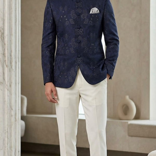 Reid & Taylor Jacquard Premium Bandhgala Fabric Colour Blackish Blue