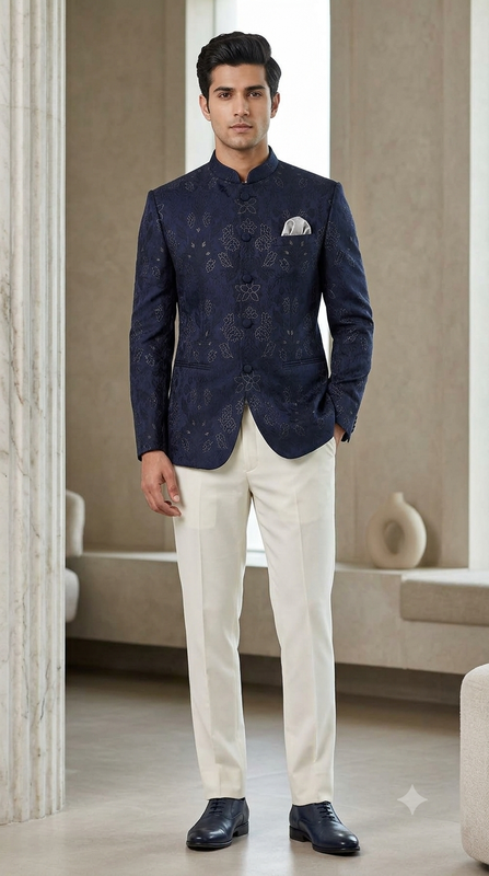 Reid & Taylor Jacquard Premium Bandhgala Fabric Colour Blackish Blue