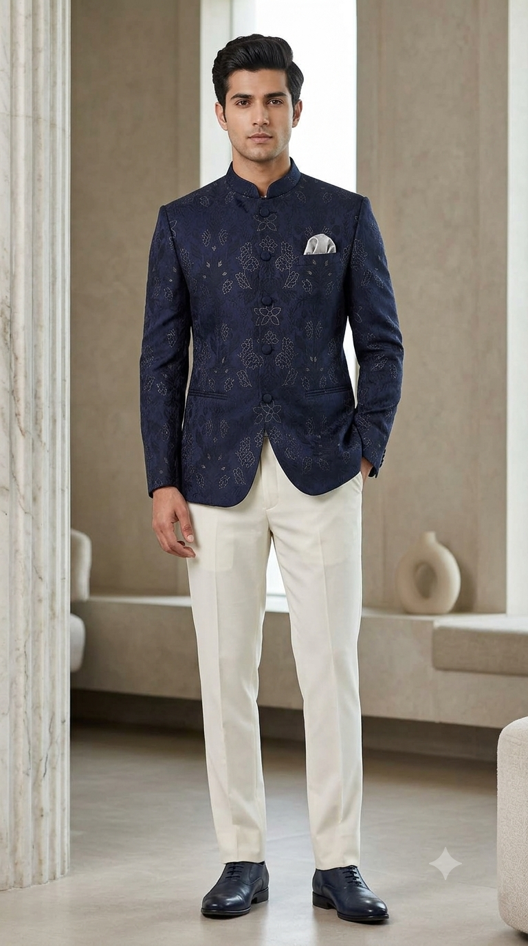 Reid & Taylor Jacquard Premium Bandhgala Fabric Colour Blackish Blue
