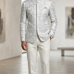 Reid & Taylor Jacquard Premium Bandhgala Fabric Colour White