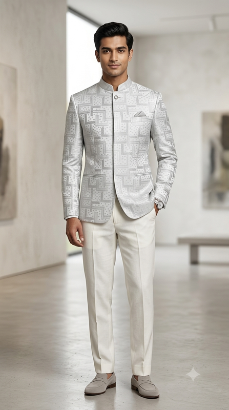 Reid & Taylor Jacquard Premium Bandhgala Fabric Colour White