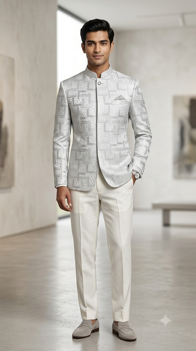 Reid & Taylor Jacquard Premium Bandhgala Fabric Colour Silky White