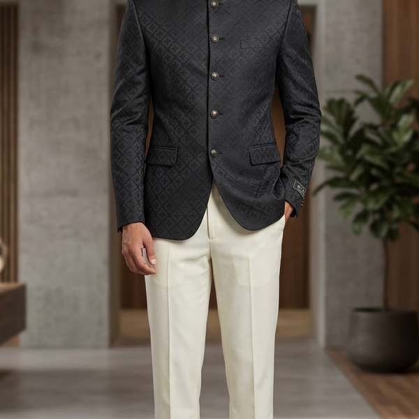 Reid & Taylor Jacquard Premium Bandhgala Fabric Colour Black