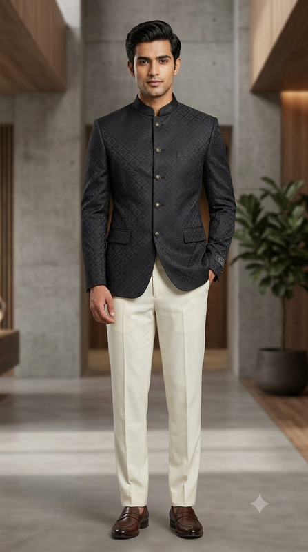 Reid & Taylor Jacquard Premium Bandhgala Fabric Colour Black