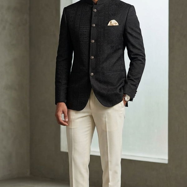 Reid & Taylor Jacquard Premium Bandhgala Fabric Colour Black