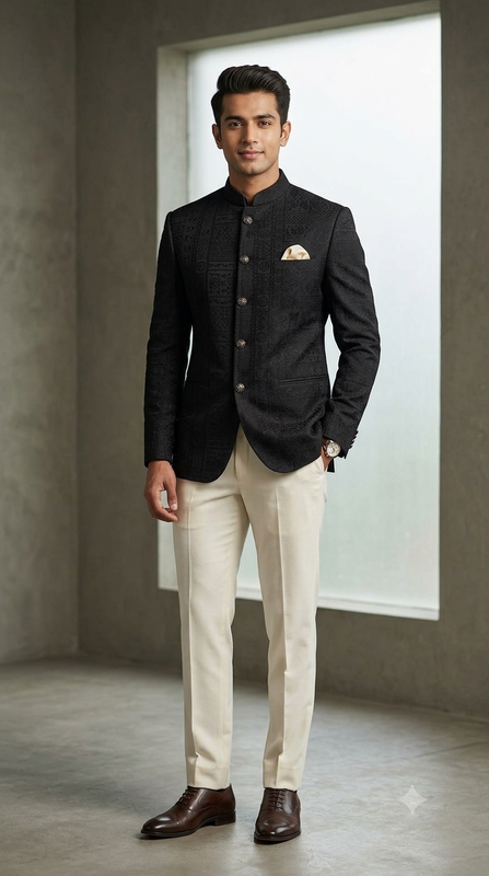 Reid & Taylor Jacquard Premium Bandhgala Fabric Colour Black