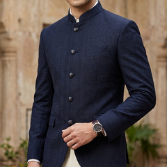 Reid & Taylor Jacquard Premium Bandhgala Fabric Colour Midnight Blue