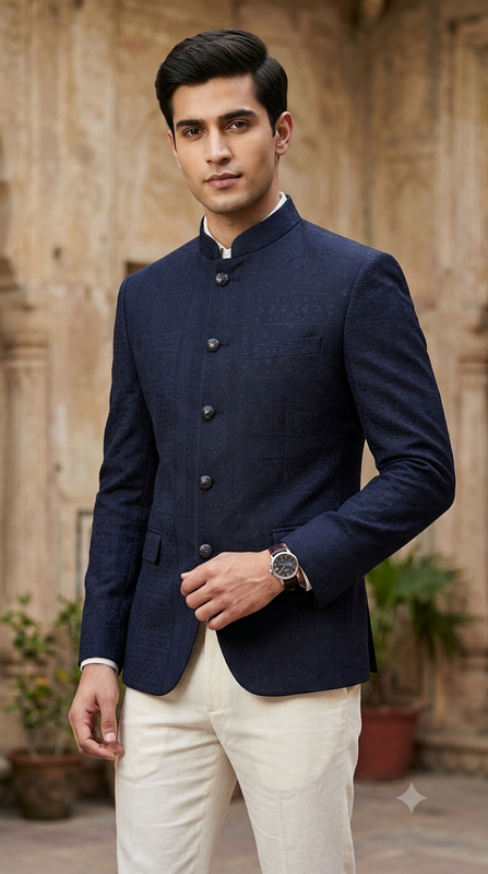 Reid & Taylor Jacquard Premium Bandhgala Fabric Colour Midnight Blue