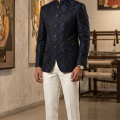 Reid & Taylor Jacquard Premium Bandhgala Fabric Colour Cobalt Blue N Dark Brown