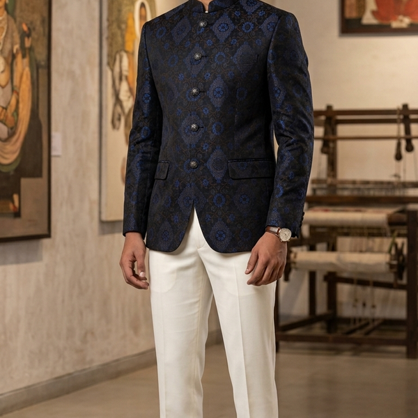 Reid & Taylor Jacquard Premium Bandhgala Fabric Colour Cobalt Blue N Dark Brown