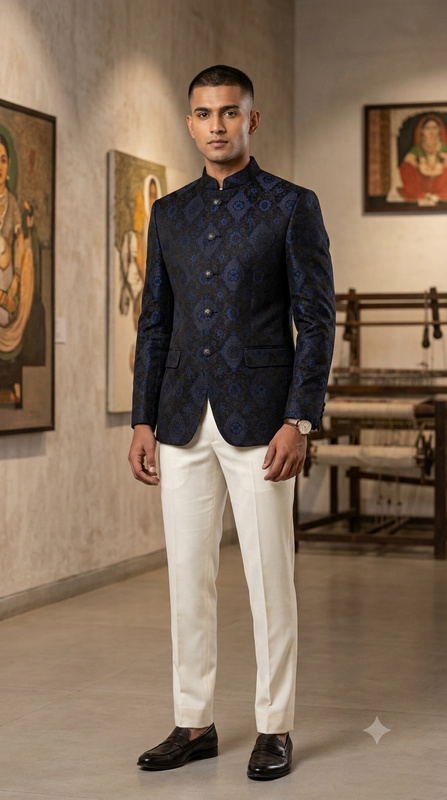 Reid & Taylor Jacquard Premium Bandhgala Fabric Colour Cobalt Blue N Dark Brown
