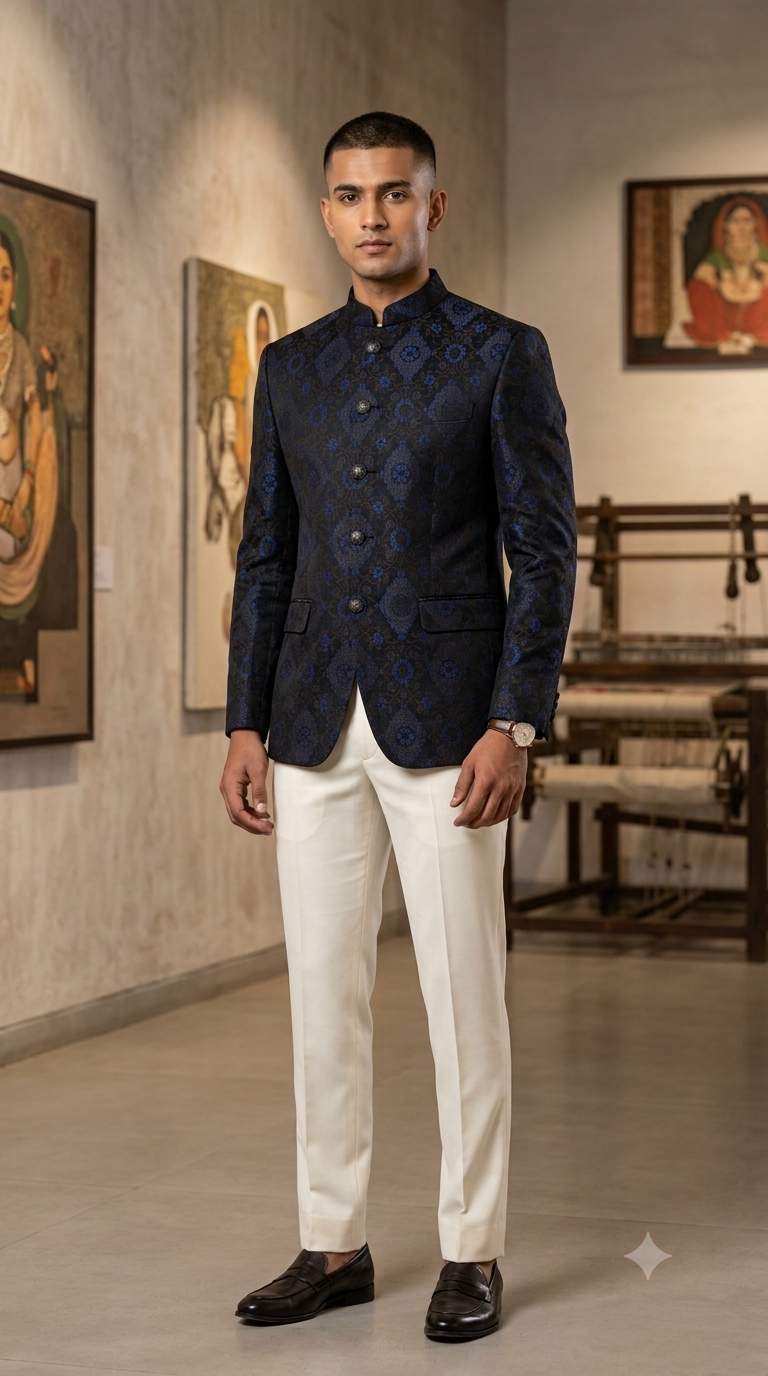 Reid & Taylor Jacquard Premium Bandhgala Fabric Colour Cobalt Blue N Dark Brown