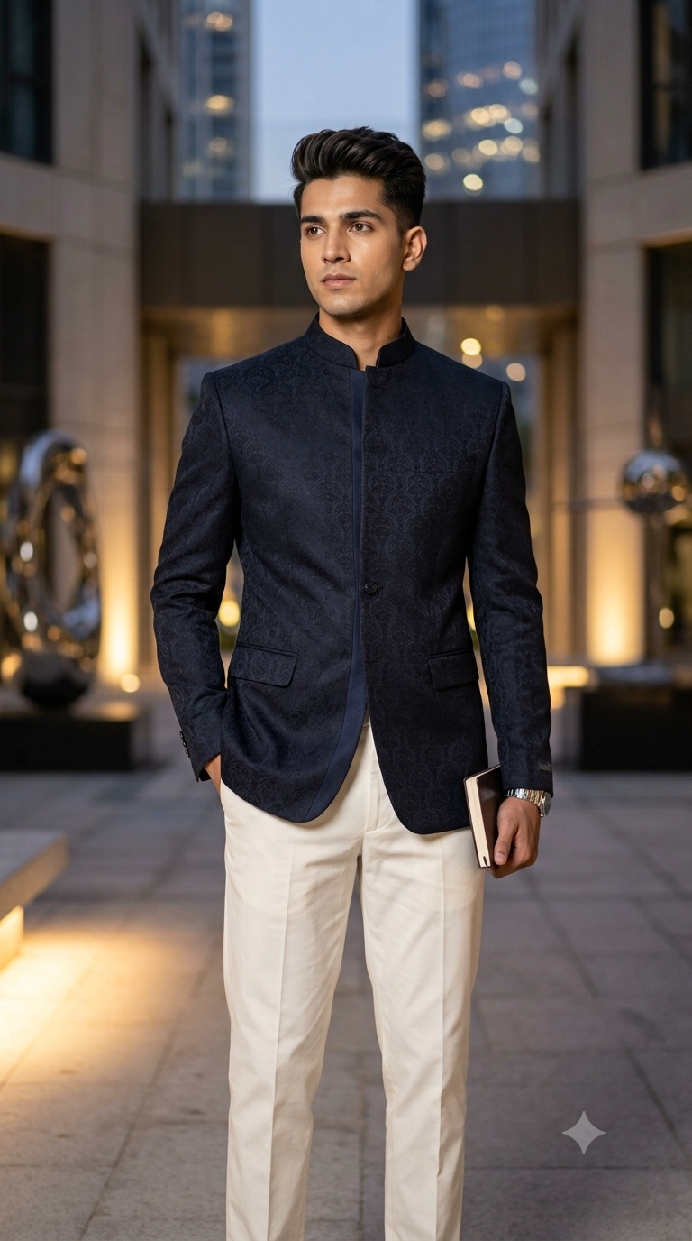 Reid & Taylor Jacquard Premium Bandhgala Fabric Colour Midnight Blue N Black
