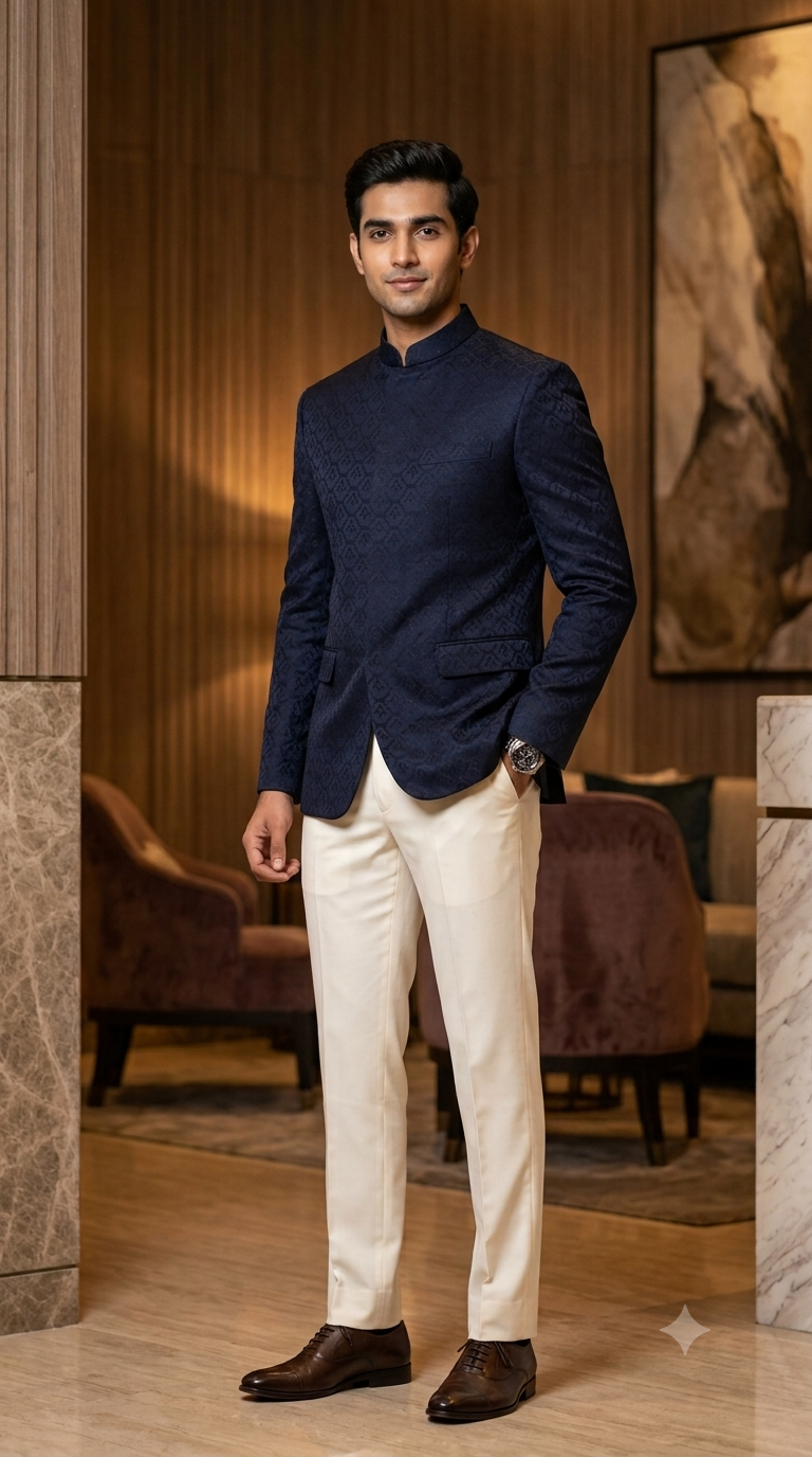 Reid & Taylor Jacquard Premium Bandhgala Fabric Colour Midnight Blue
