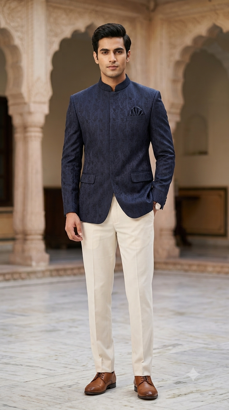 Reid & Taylor Jacquard Premium Bandhgala Fabric Colour Berry Blue