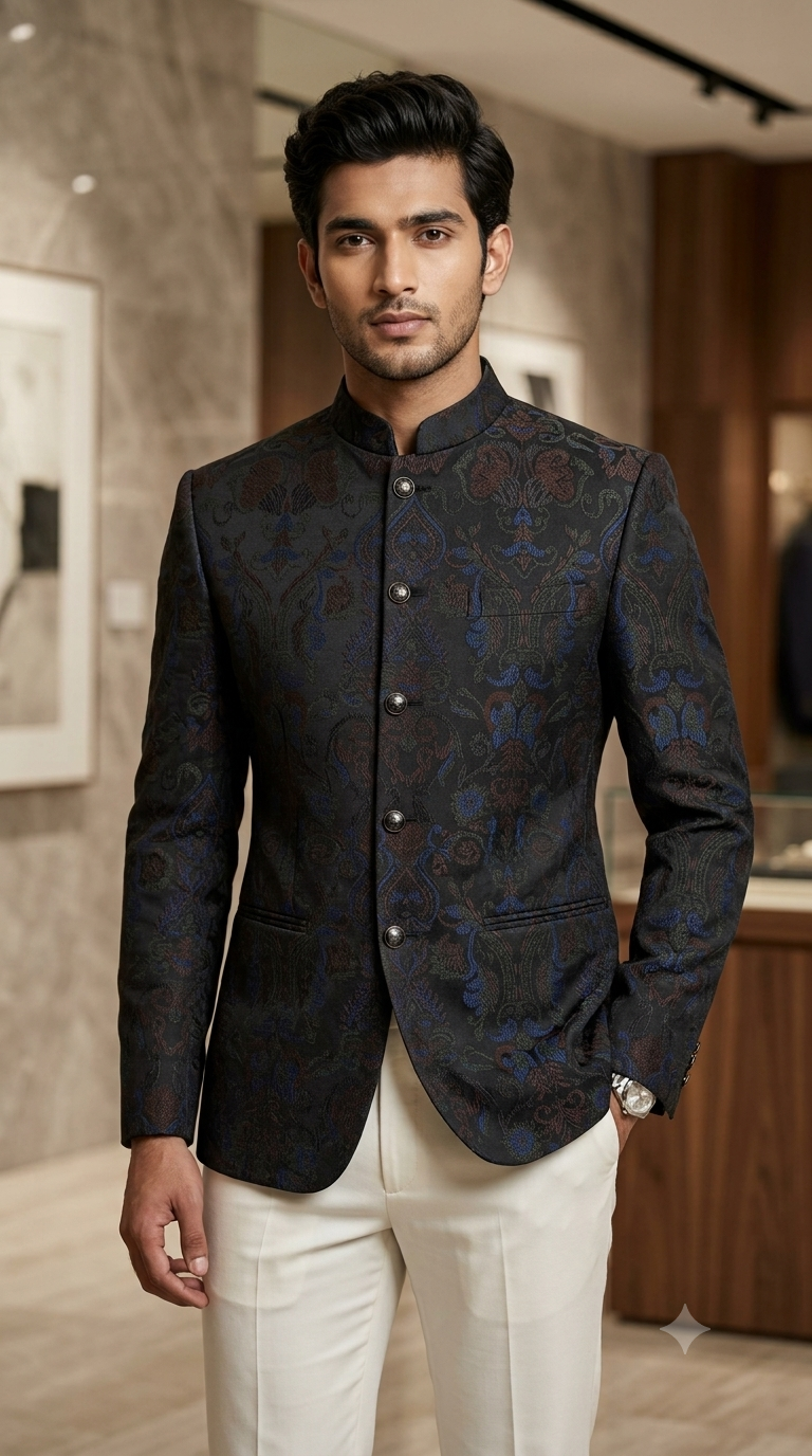 Reid & Taylor Jacquard Premium Bandhgala Fabric Colour Blue N Dark Brown