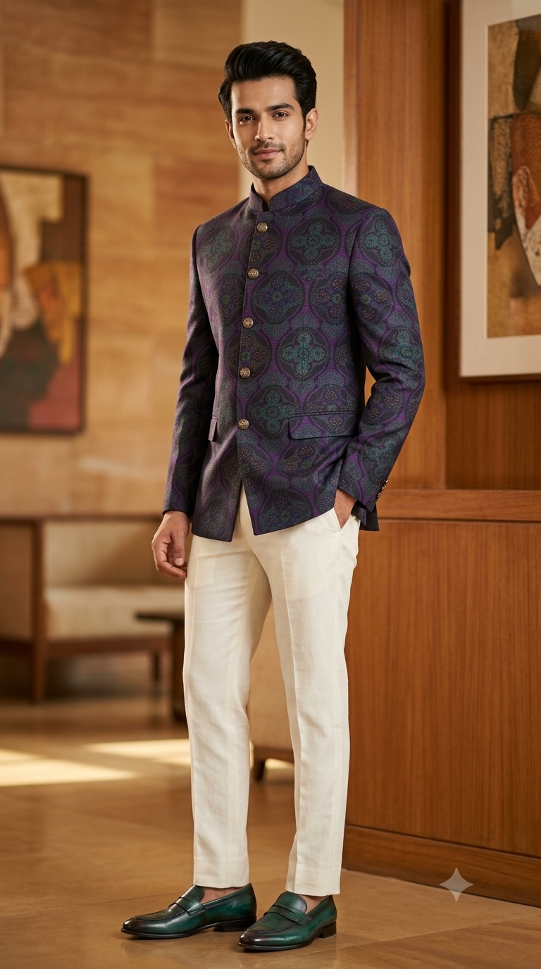 Reid & Taylor Jacquard Premium Bandhgala Fabric Colour Purple N Magenta Green