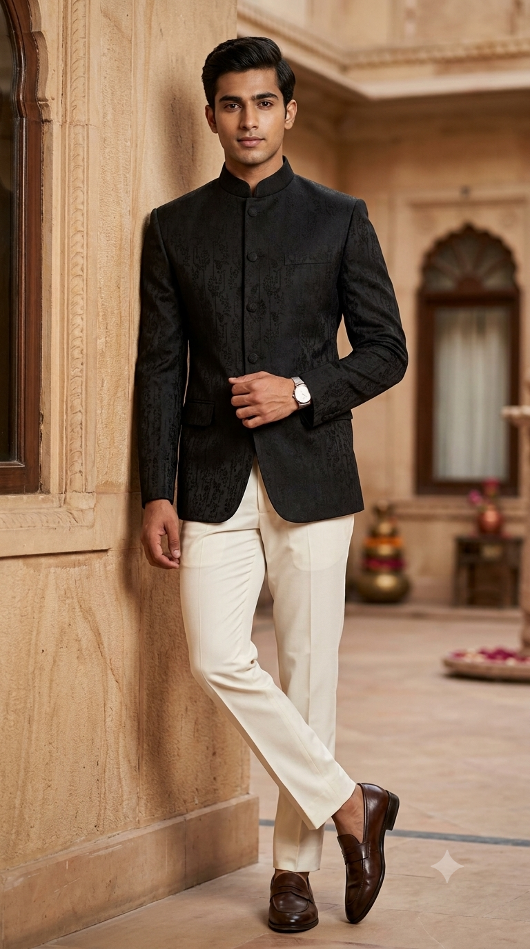 Reid & Taylor Jacquard Premium Bandhgala Fabric Colour True Black