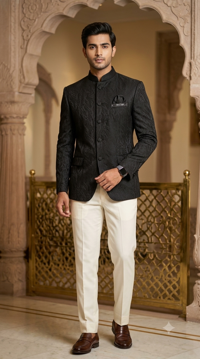 Reid & Taylor Jacquard Premium Bandhgala Fabric Colour Black