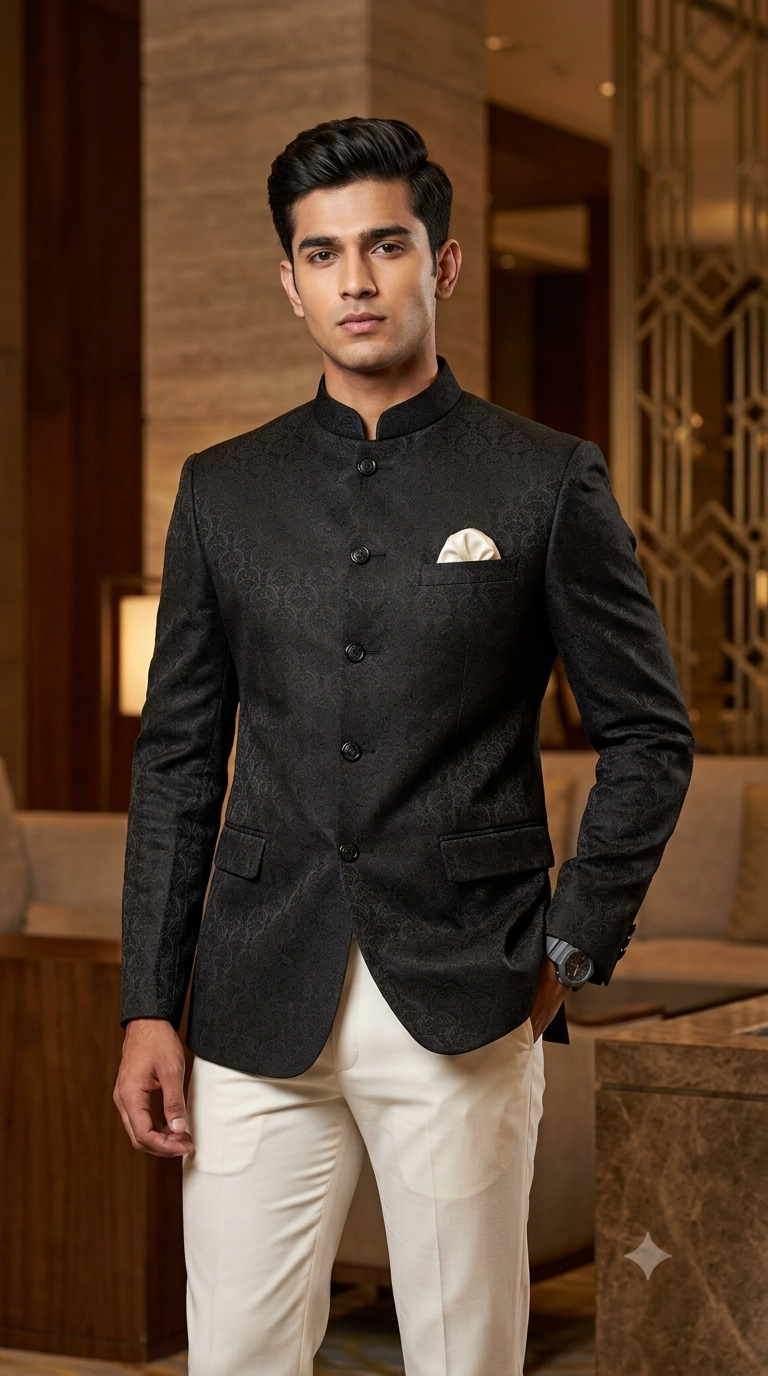 Reid & Taylor Jacquard Premium Bandhgala Fabric Colour Crow Black