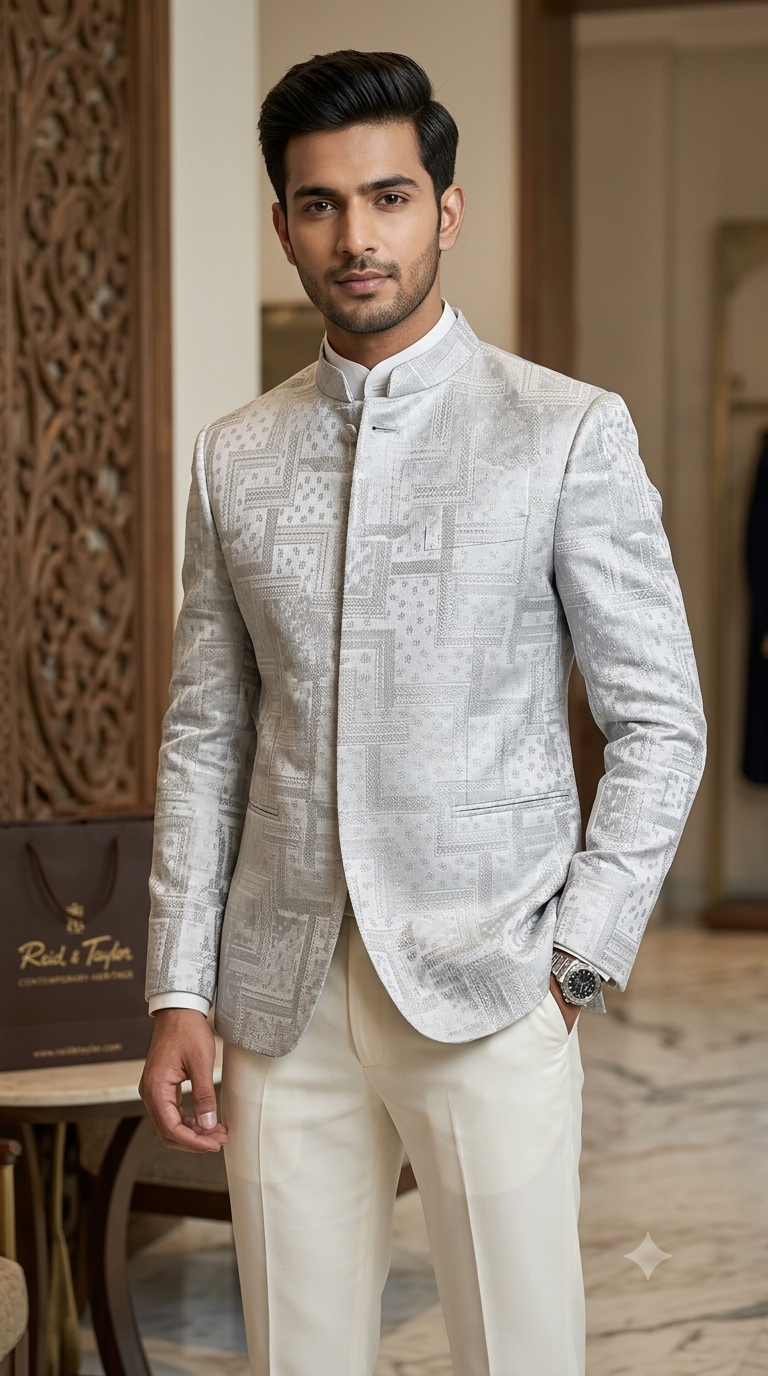Reid & Taylor Jacquard Premium Bandhgala Fabric Colour Shiny Silver White