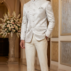 Reid & Taylor Jacquard Premium Bandhgala Fabric Colour Silver White