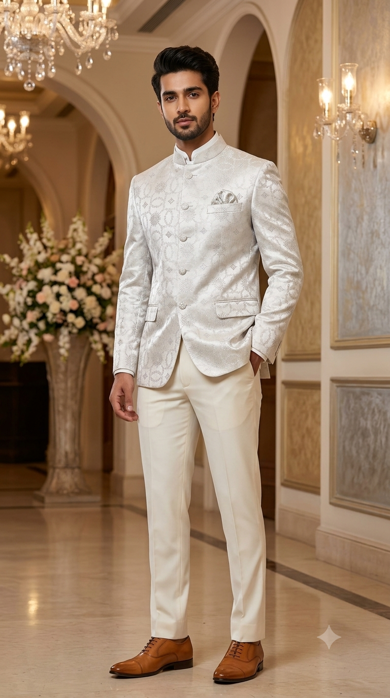 Reid & Taylor Jacquard Premium Bandhgala Fabric Colour Silver White
