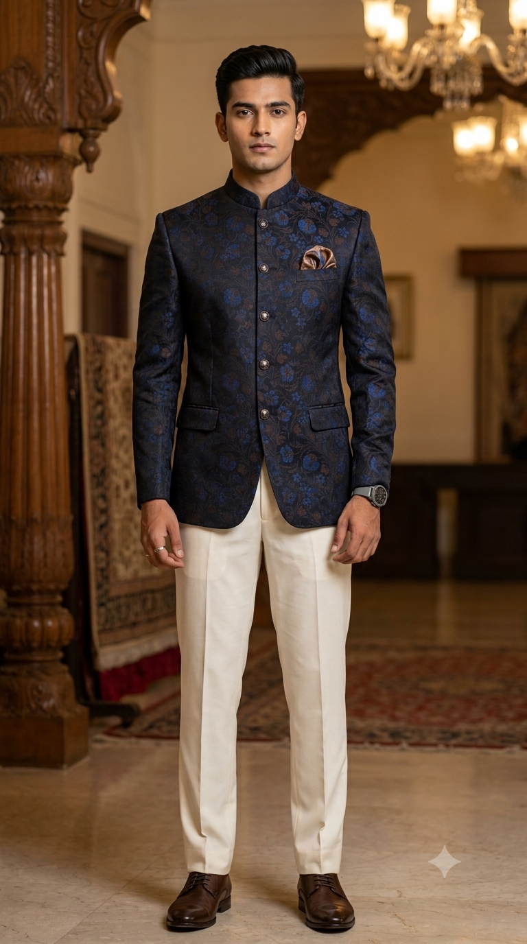 Reid & Taylor Jacquard Premium Bandhgala Fabric Colour Cobalt Blue N Bistre Brown