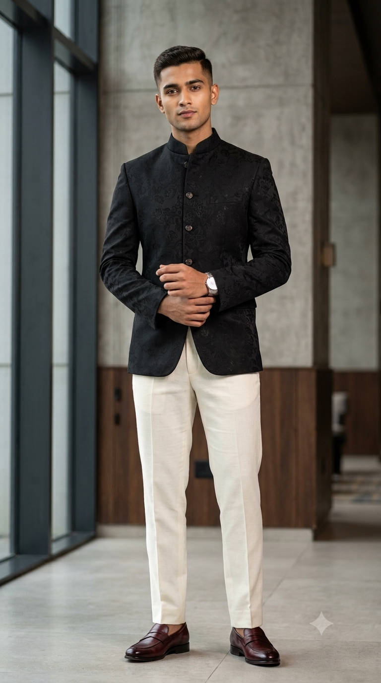 Reid & Taylor Jacquard Premium Bandhgala Fabric Colour True Black