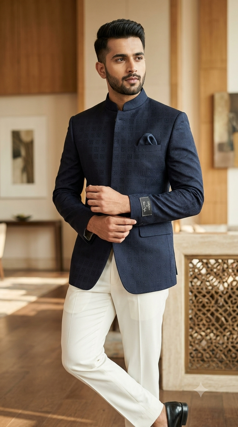 Reid & Taylor Jacquard Premium Bandhgala Fabric Colour Dark Indigo Blue