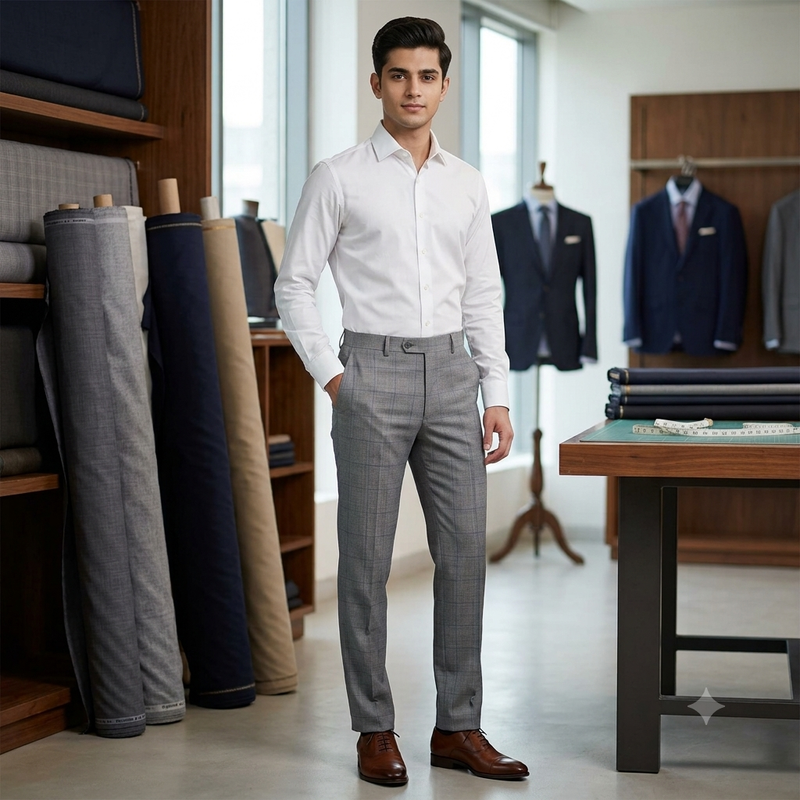 Trouser Fabric Raymond PV Broad Check Colour Blue N Grey