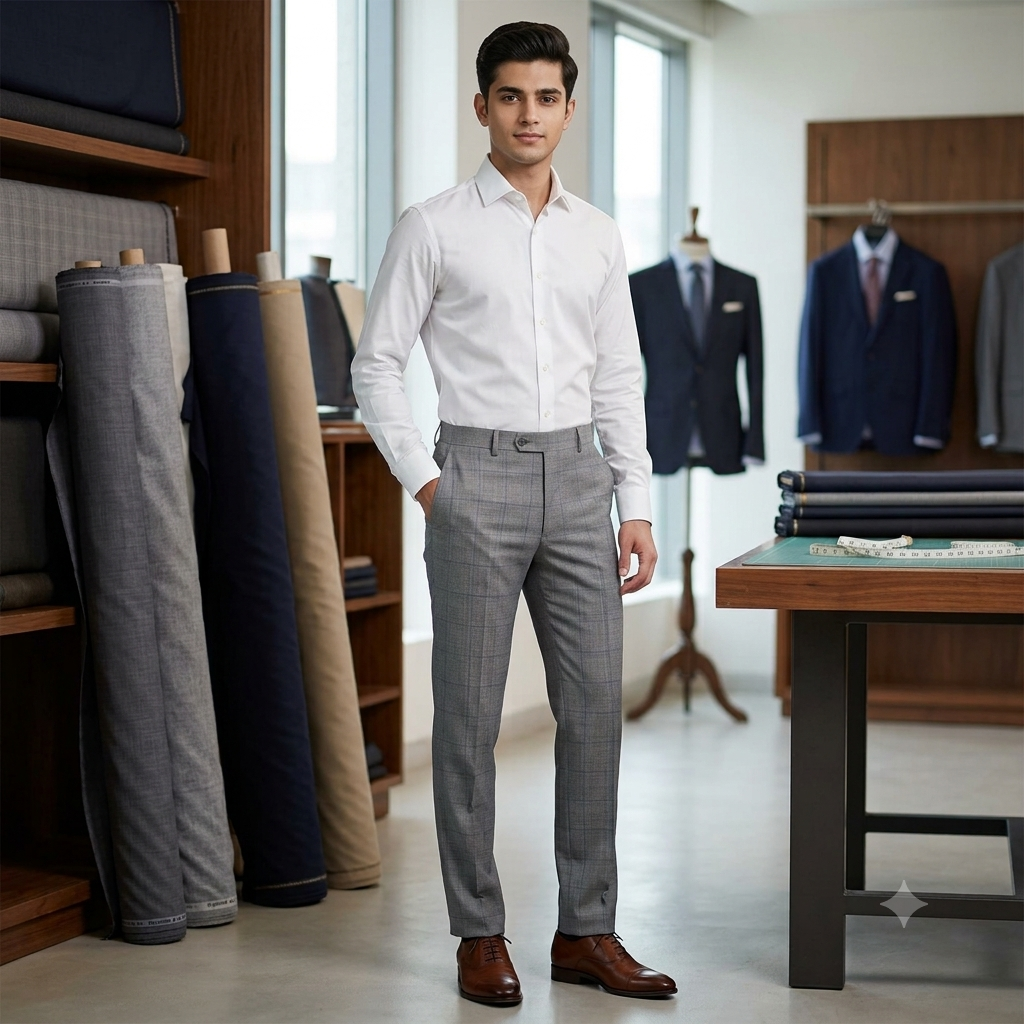 Trouser Fabric Raymond PV Broad Check Colour Blue N Grey