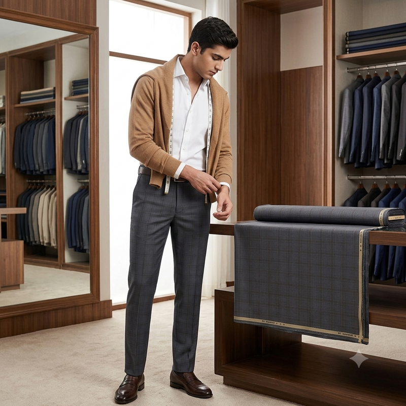 Trouser Fabric Raymond PV Broad Check Colour Brown N Lava Grey
