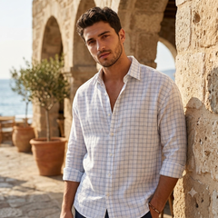 Shirt Fabric Raymond Linen Cotton Windowpane Check Colour White