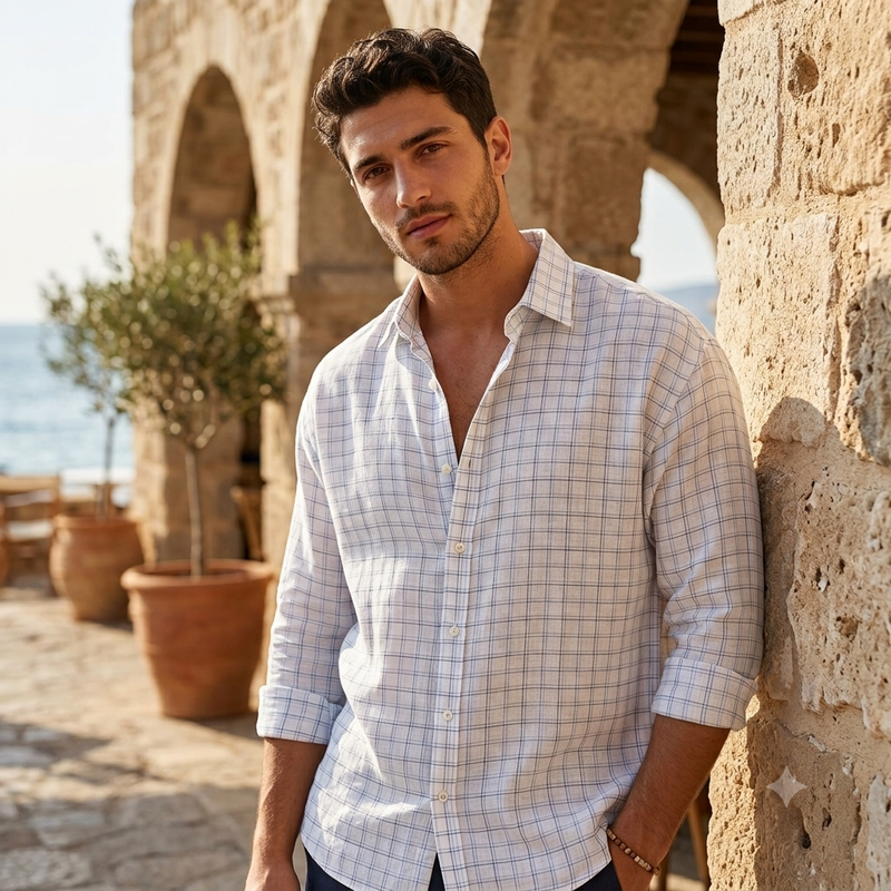 Shirt Fabric Raymond Linen Cotton Windowpane Check Colour White