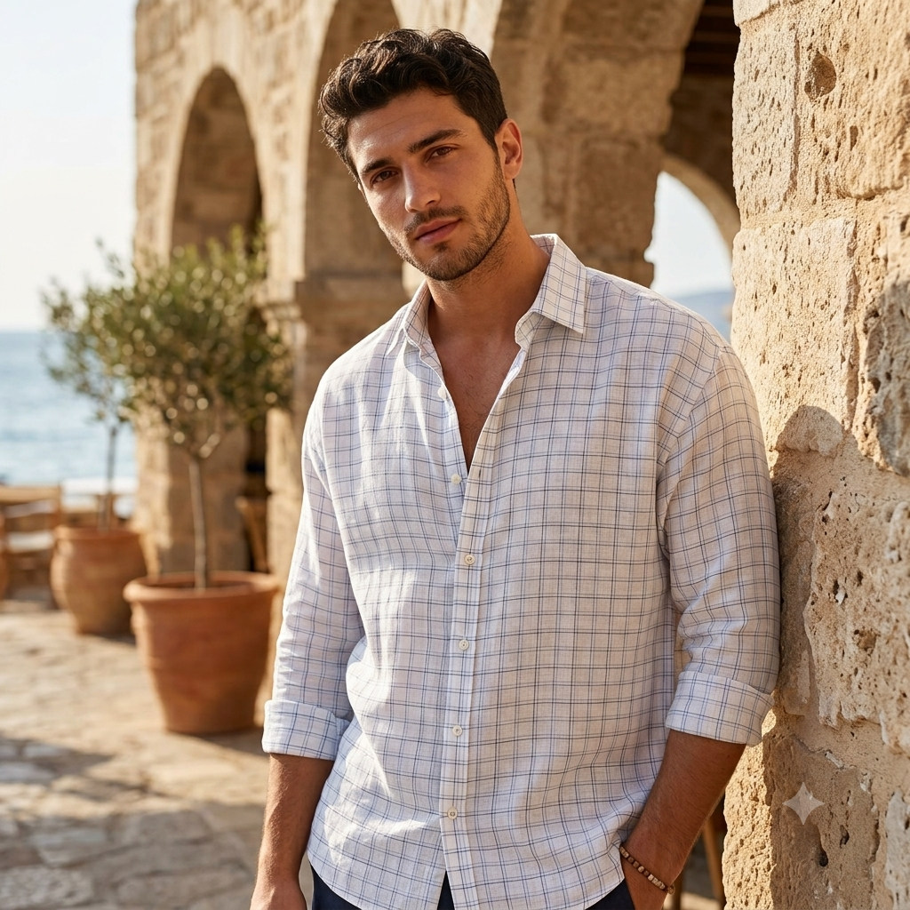 Shirt Fabric Raymond Linen Cotton Windowpane Check Colour White