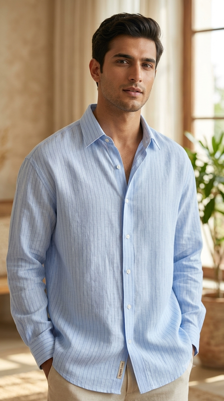 Shirt Fabric Raymond Linen Cotton Vertical Stripes Colour Sky Blue