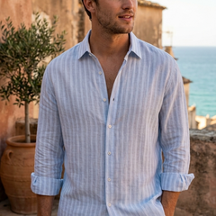 Shirt Fabric Raymond Linen Cotton Vertical Stripe Colour Powder Blue